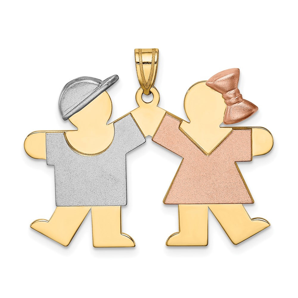 14k Yellow White and Rose Tri Gold Large Boy on Left and Girl on Right Engravable Charm Pendant Jewelry Gifts (Length 0.98" Width 1.37")