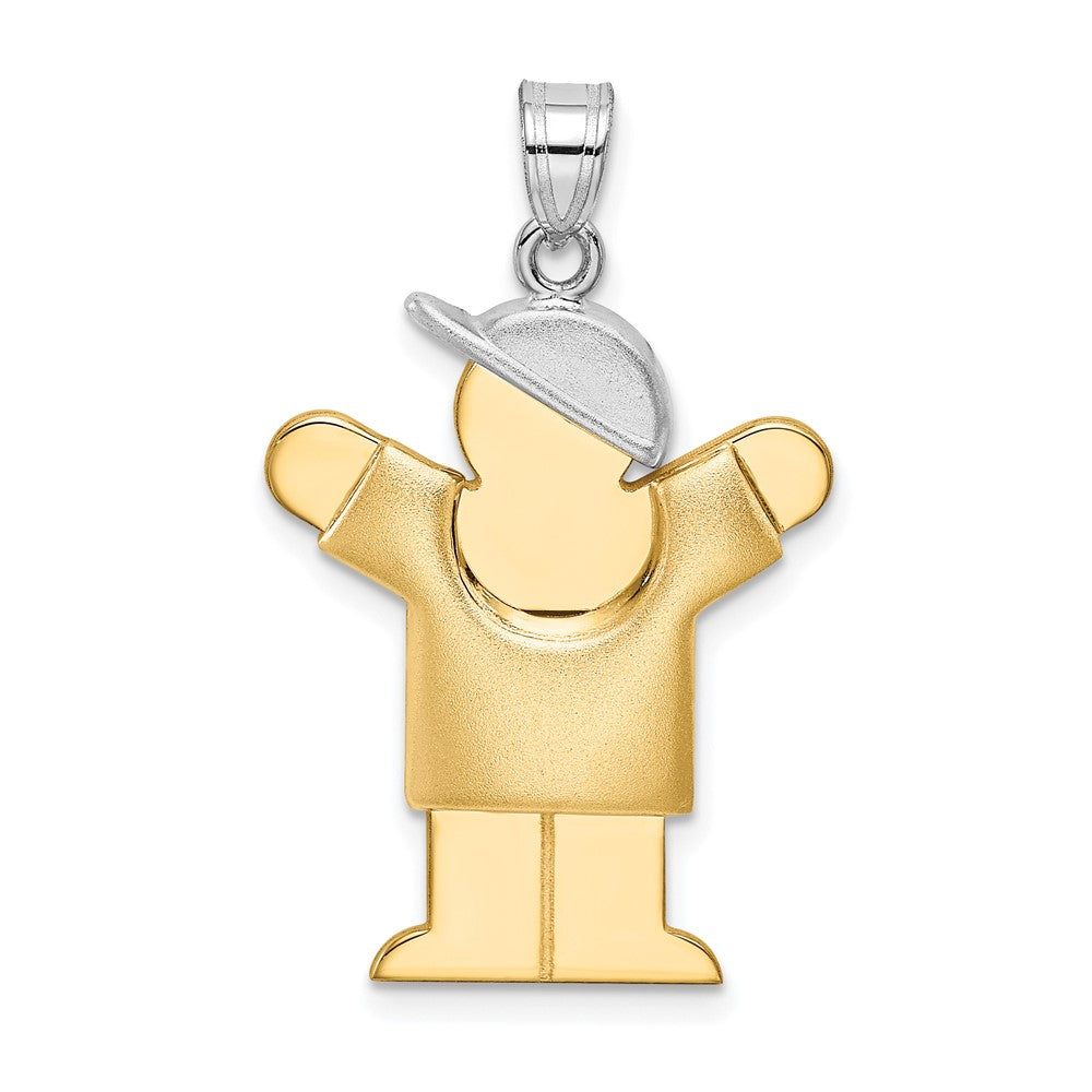 14k Two Tone Yellow and White Gold Puffed Boy with Hat on Right Engravable Charm Pendant Jewelry Gifts (Length 1.17" Width 0.78")