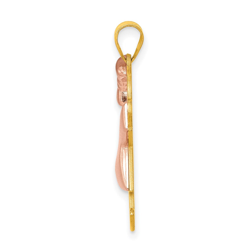 14K Two Tone Yellow and Rose Gold Puffed Girl with Bow on Left Engravable Charm Pendant Jewelry Gifts (Length 1.17" Width 0.78")