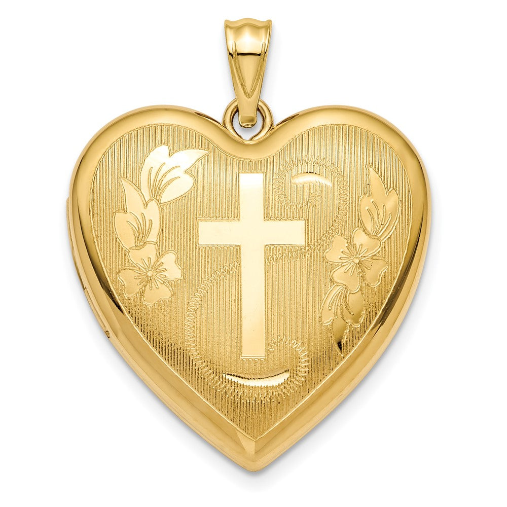 14k Yellow Gold Textured Diamond Cut Floral Crucifix Cross Ash Holder Heart Locket Engravable Charm Pendant Jewelry Gifts (Length 1.19" Width 0.94")