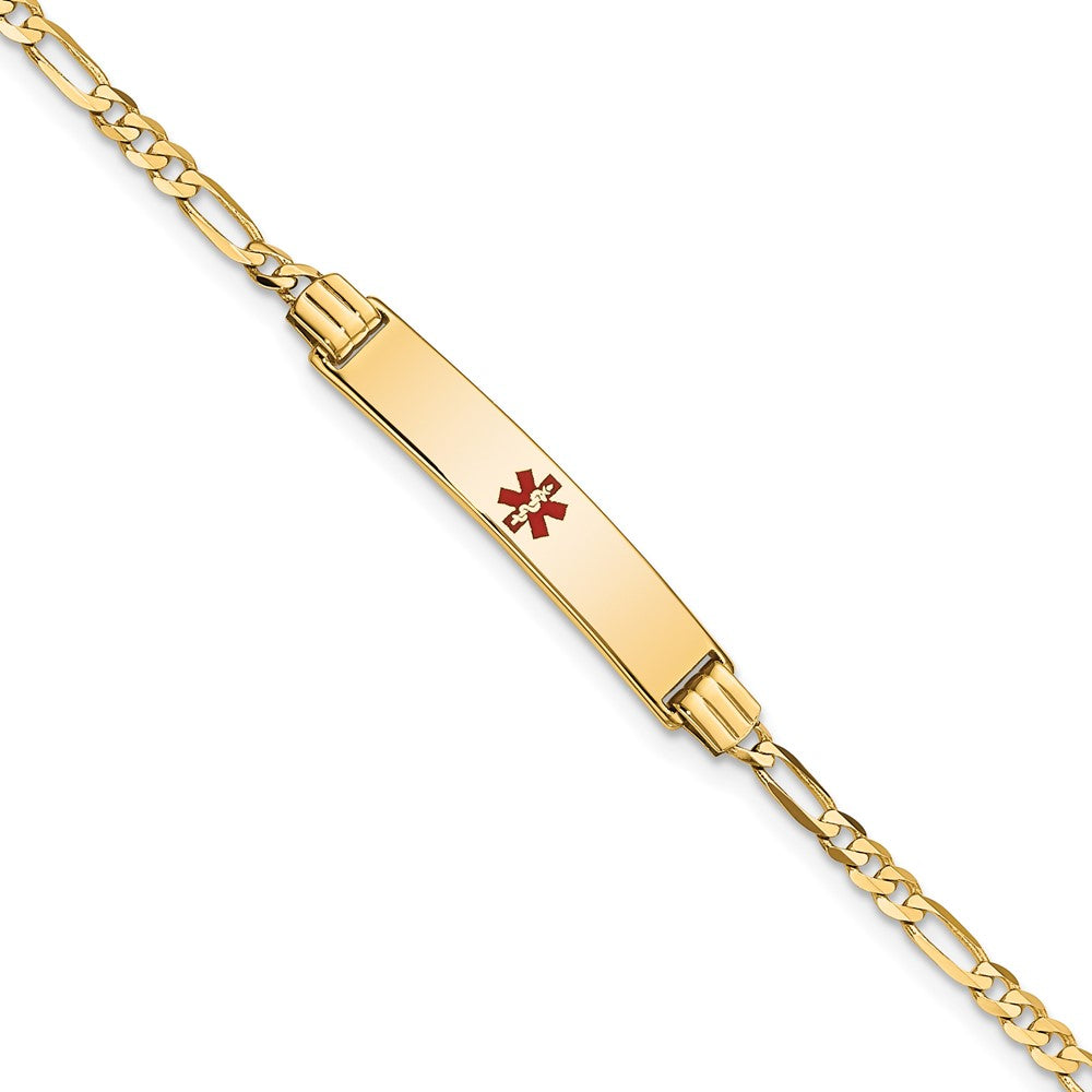 Engravable 14K Yellow Gold Medical Red Enamel Figaro ID Bracelet Length 7 inches Width 5.5 mm With Lobster Claw Clasp
