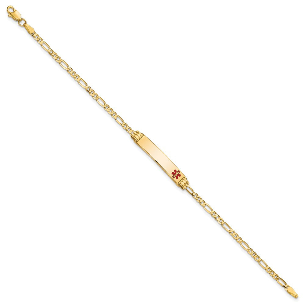 Engravable 14K Yellow Gold Medical Red Enamel Figaro ID Bracelet Length 7 inches Width 5.5 mm With Lobster Claw Clasp