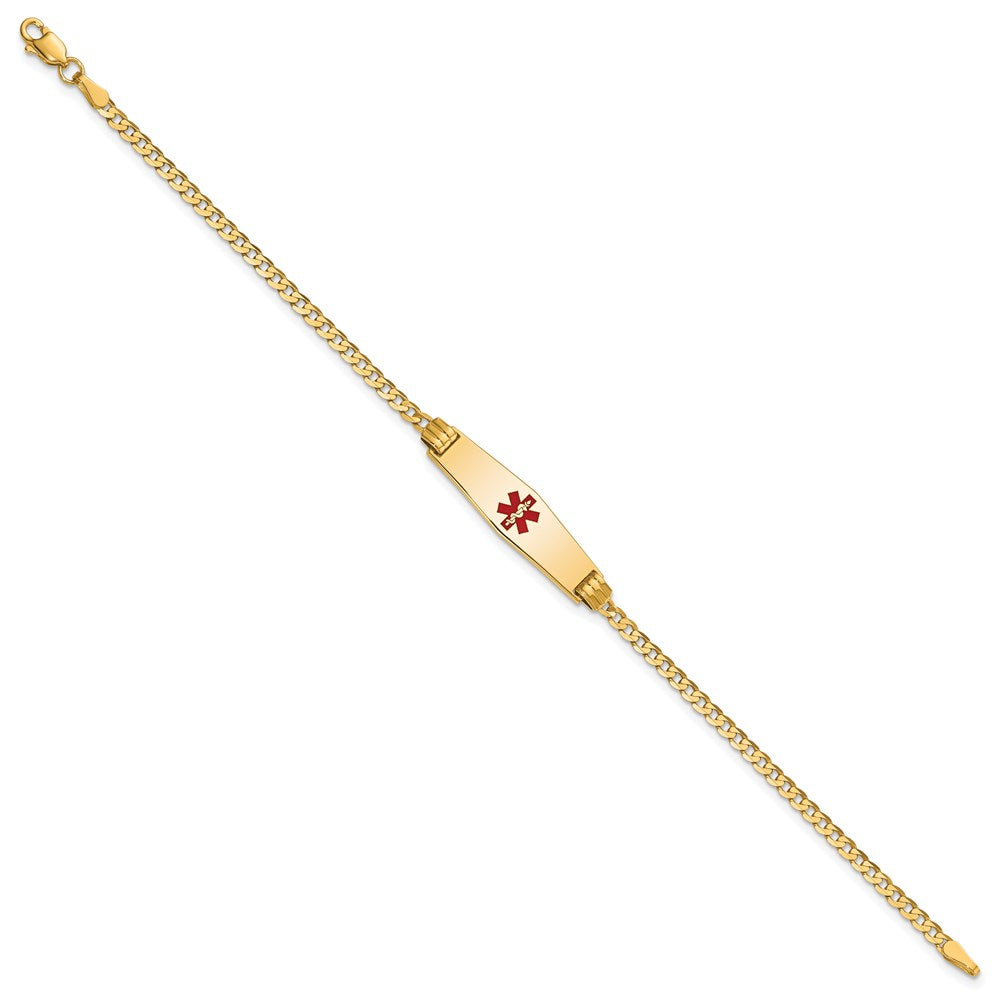 Engravable 14K Yellow Gold Medical Soft Diamond Shape Red Enamel Curb Link ID Bracelet Length 7 inches Width 7.5 mm With Lobster Claw Clasp