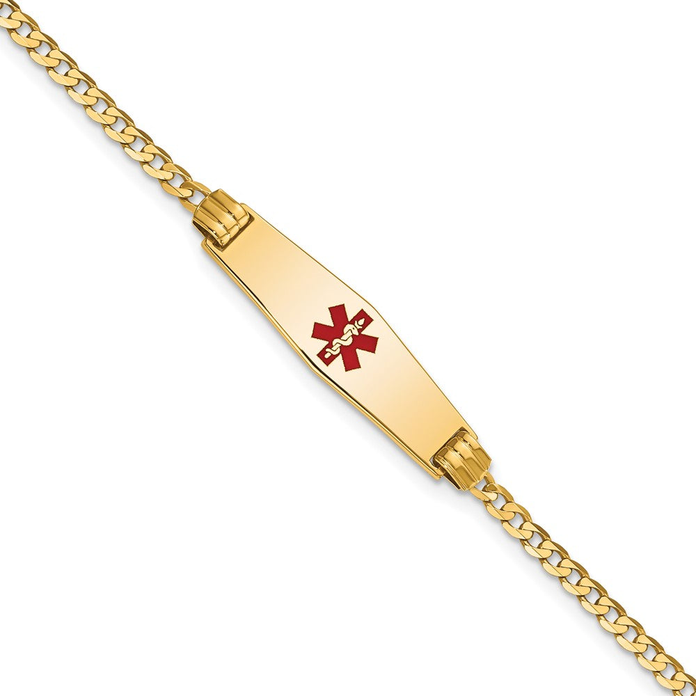 Engravable 14K Yellow Gold Medical Soft Diamond Shape Red Enamel Curb Link ID Bracelet Length 7 inches Width 7.5 mm With Lobster Claw Clasp