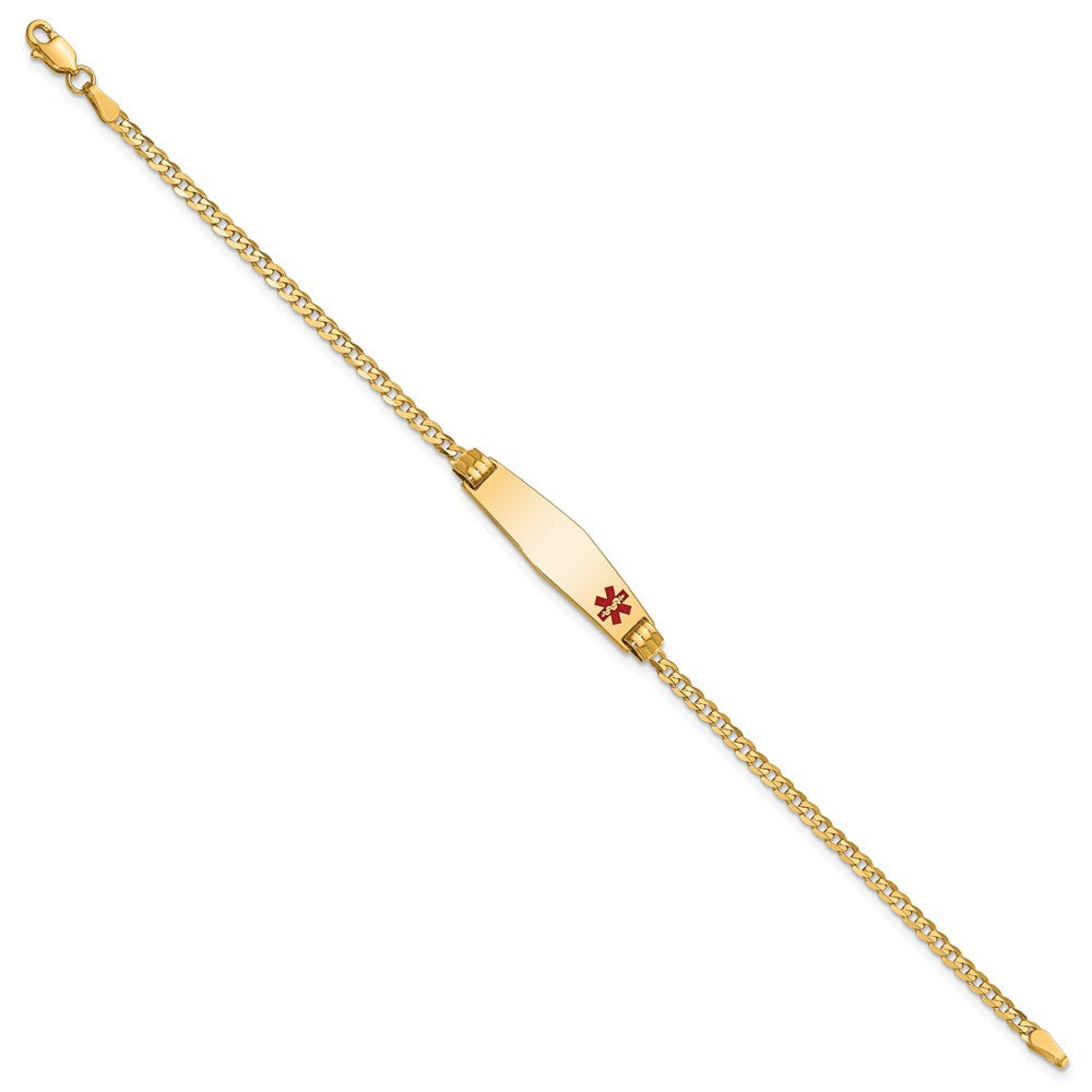 Engravable 14K Yellow Gold Medical Soft Diamond Shape Red Enamel Curb Link ID Bracelet Length 7 inches Width 7.5 mm With Lobster Claw Clasp