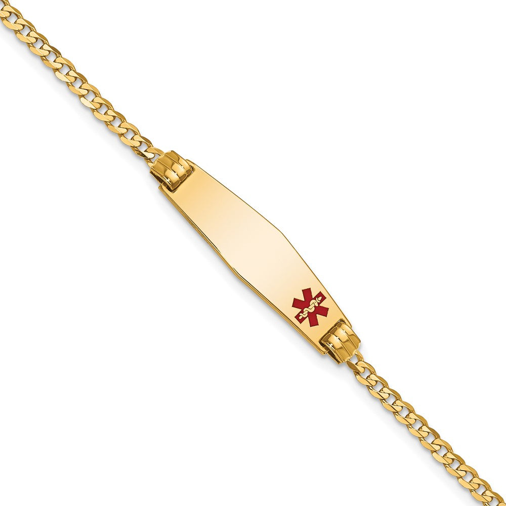 Engravable 14K Yellow Gold Medical Soft Diamond Shape Red Enamel Curb Link ID Bracelet Length 7 inches Width 7.5 mm With Lobster Claw Clasp