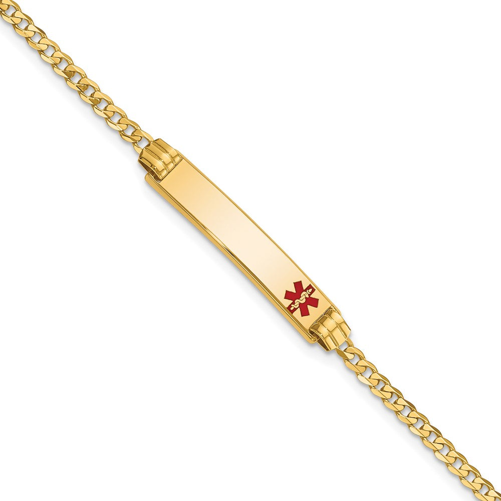 Engravable 14K Yellow Gold Medical Red Enamel Curb Link ID Bracelet Length 7 inches Width 5.5 mm With Lobster Claw Clasp