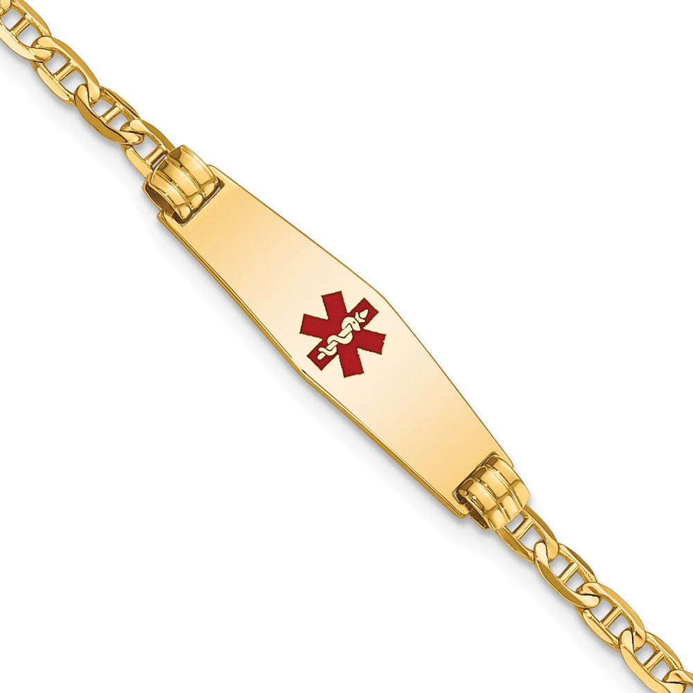 Engravable 14K Yellow Gold Medical Soft Diamond Shape Red Enamel Anchor ID Bracelet Length 7 inches Width 8.5 mm With Lobster Claw Clasp
