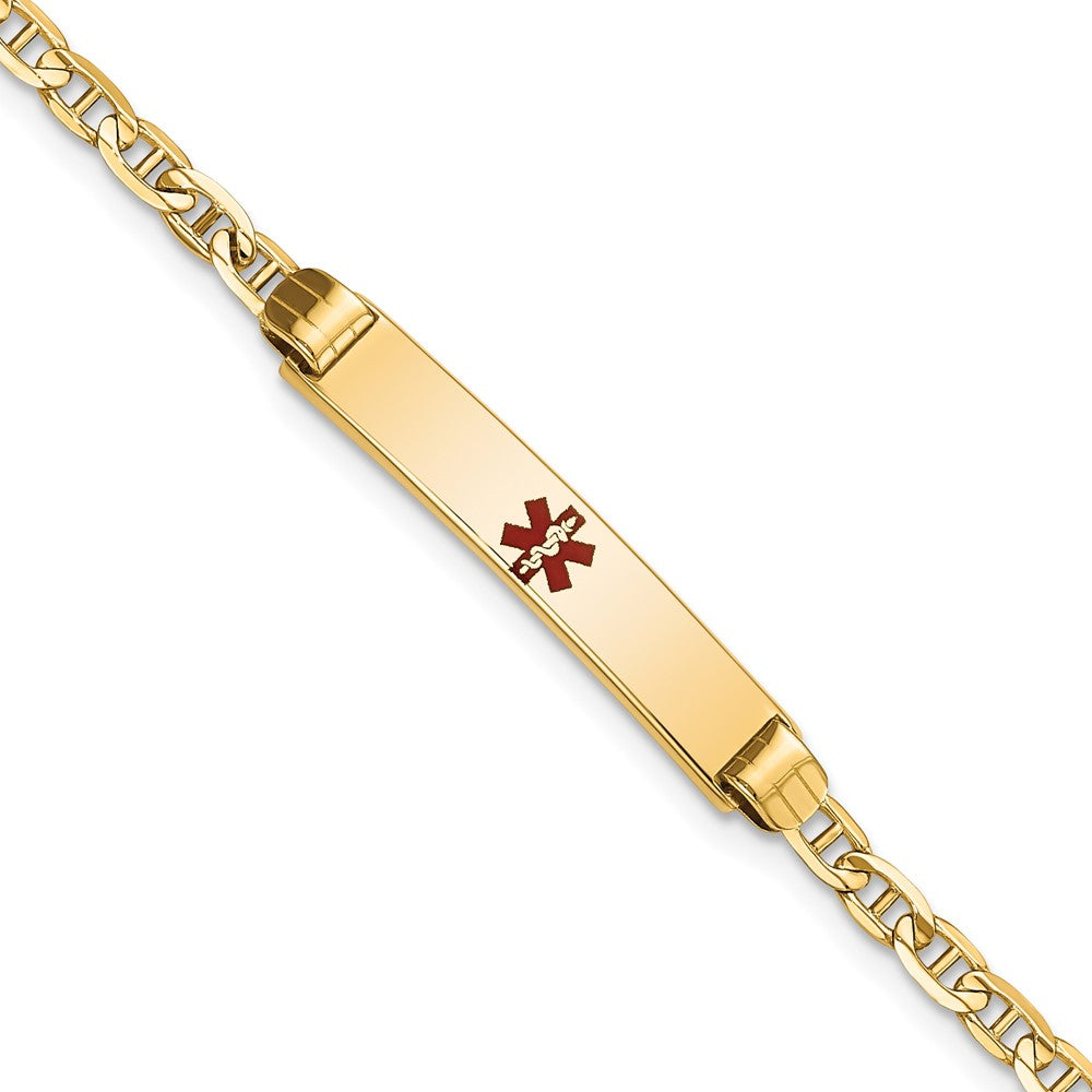 Engravable 14K Yellow Gold Medical Red Enamel Anchor ID Bracelet Length 7 inches Width 5.5 mm With Lobster Claw Clasp