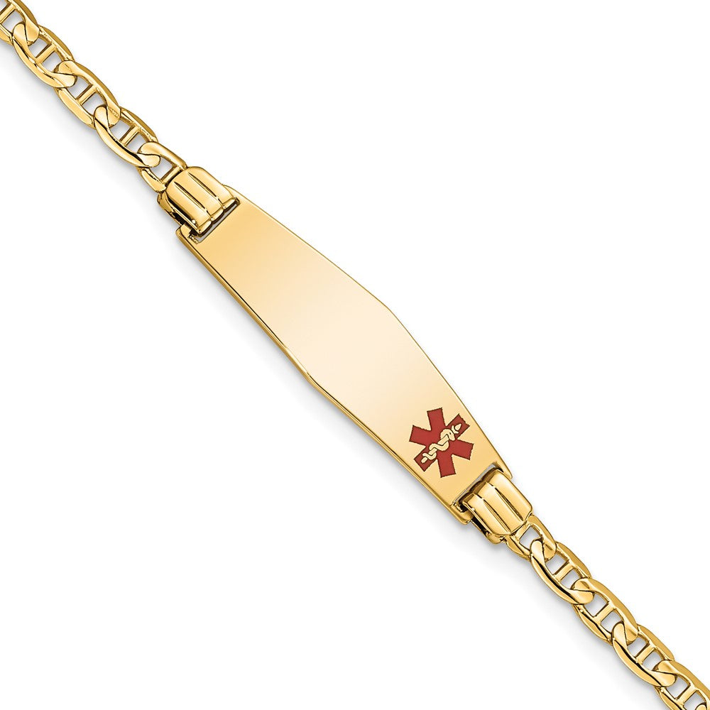 Engravable 14K Yellow Gold Medical Soft Diamond Shape Red Enamel Anchor ID Bracelet Length 7 inches Width 7.5 mm With Lobster Claw Clasp