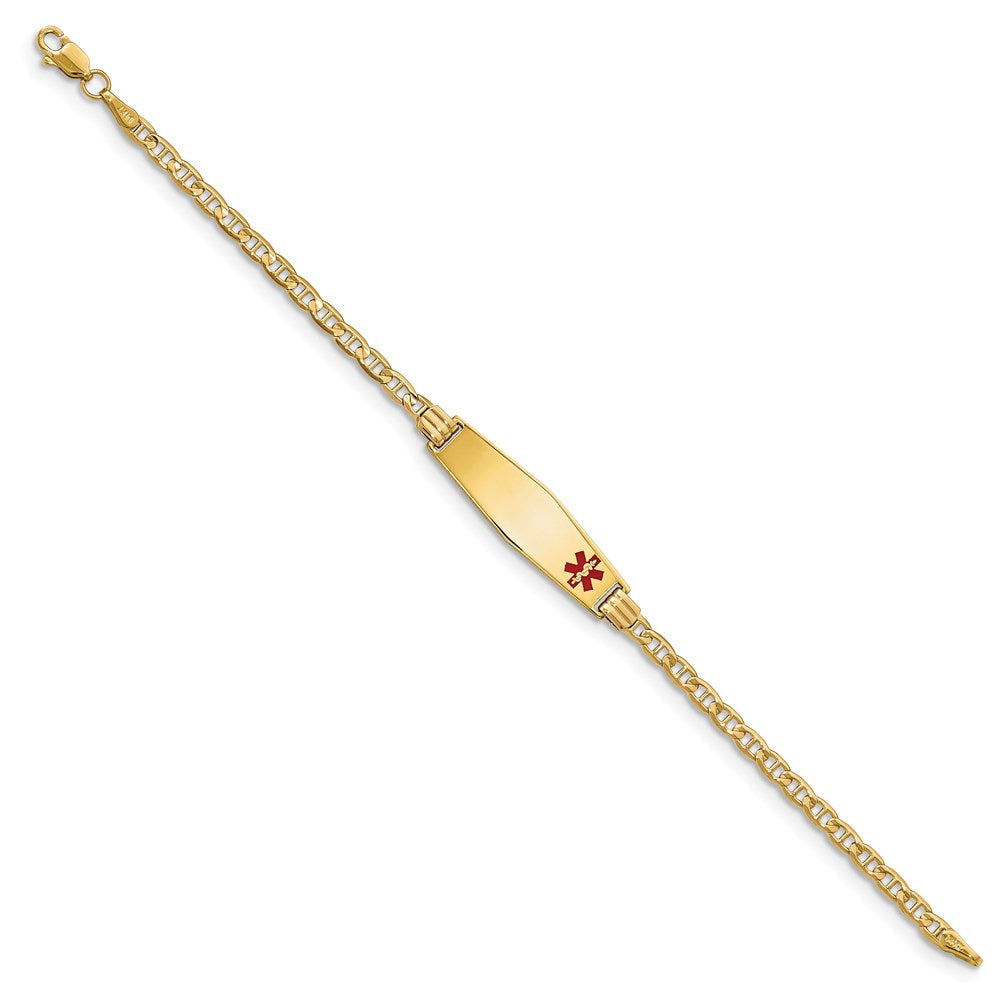 Engravable 14K Yellow Gold Medical Soft Diamond Shape Red Enamel Anchor ID Bracelet Length 7 inches Width 7.5 mm With Lobster Claw Clasp