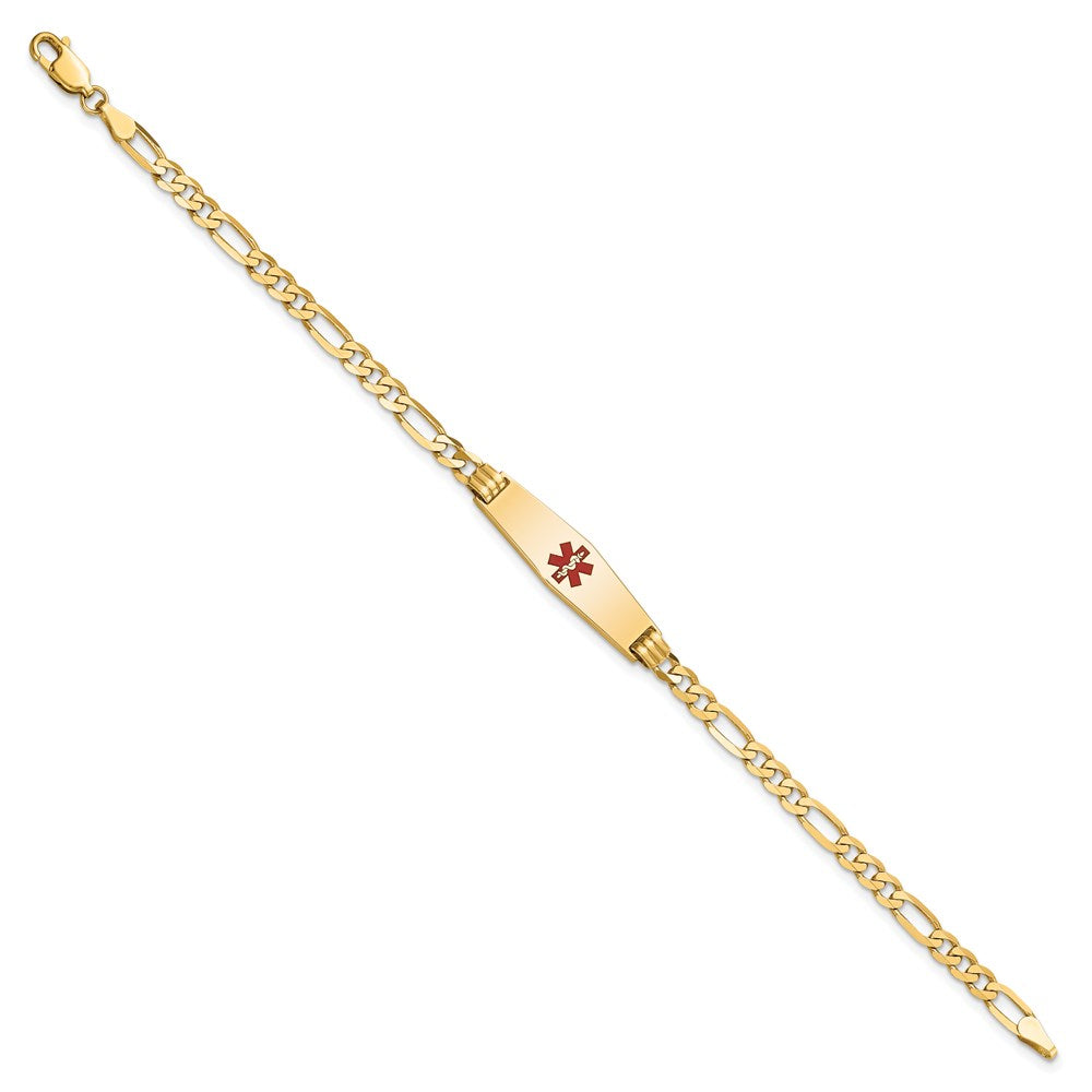 Engravable 14K Yellow Gold Medical Soft Diamond Shape Red Enamel Figaro ID Bracelet Length 7 inches Width 7.5 mm With Lobster Claw Clasp