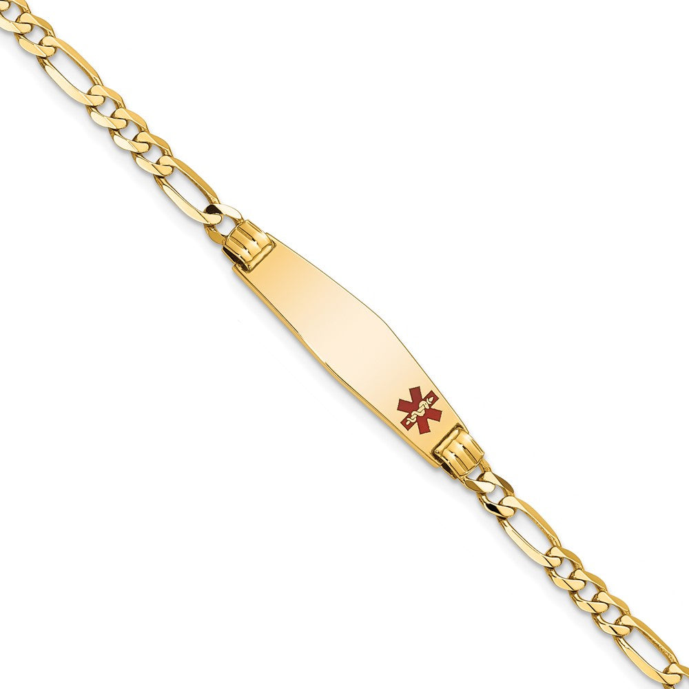 Engravable 14K Yellow Gold Medical Soft Diamond Shape Red Enamel Figaro ID Bracelet Length 8 inches Width 7.5 mm With Lobster Claw Clasp