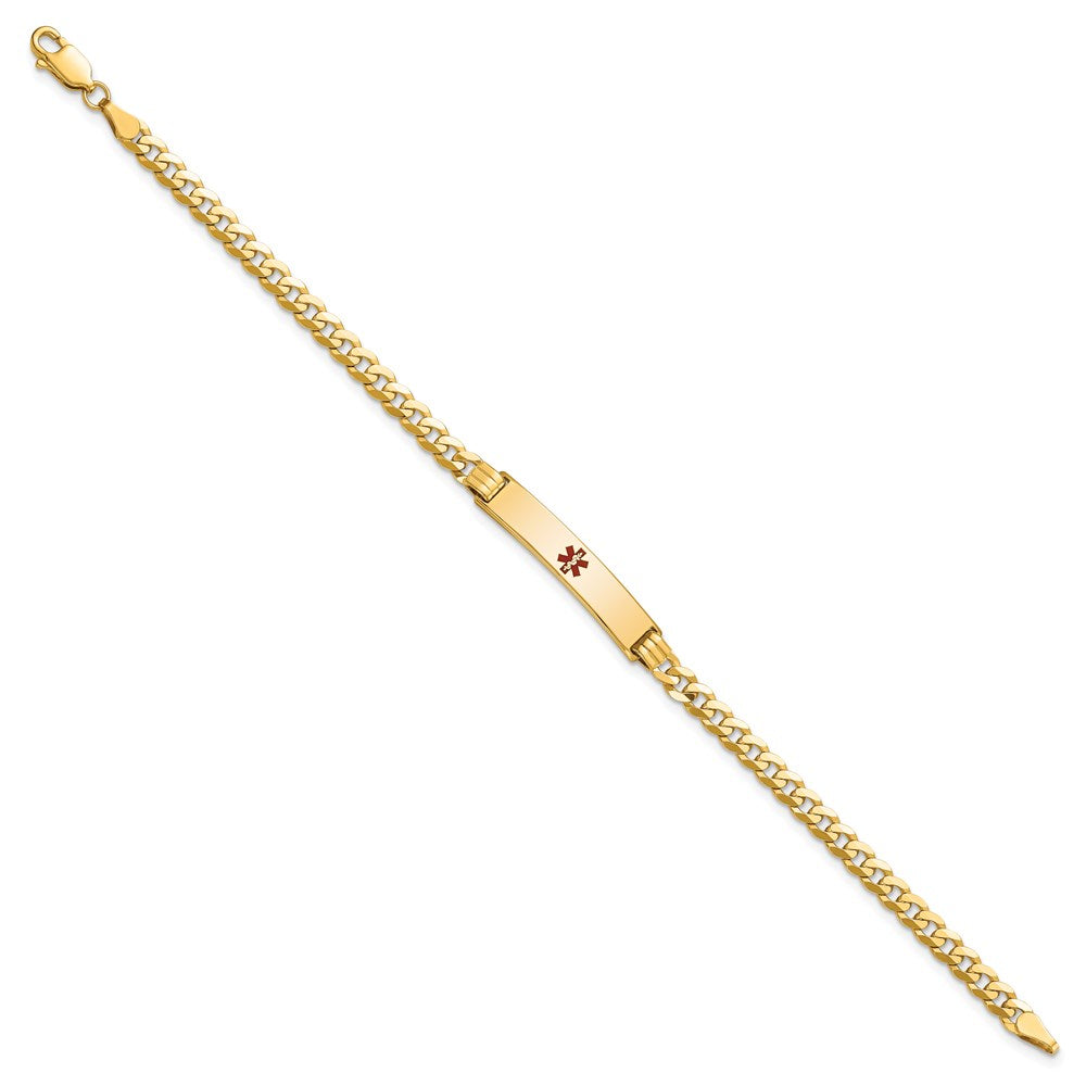 Engravable 14K Yellow Gold Medical Red Enamel Curb Link ID Bracelet Length 7 inches Width 5.5 mm With Lobster Claw Clasp