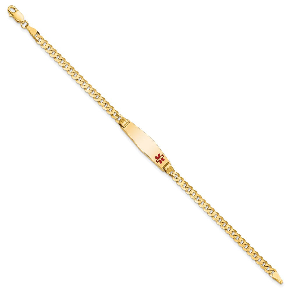 Engravable 14K Yellow Gold Medical Soft Diamond Shape Red Enamel Curb Link ID Bracelet Length 7 inches Width 7.5 mm With Lobster Claw Clasp