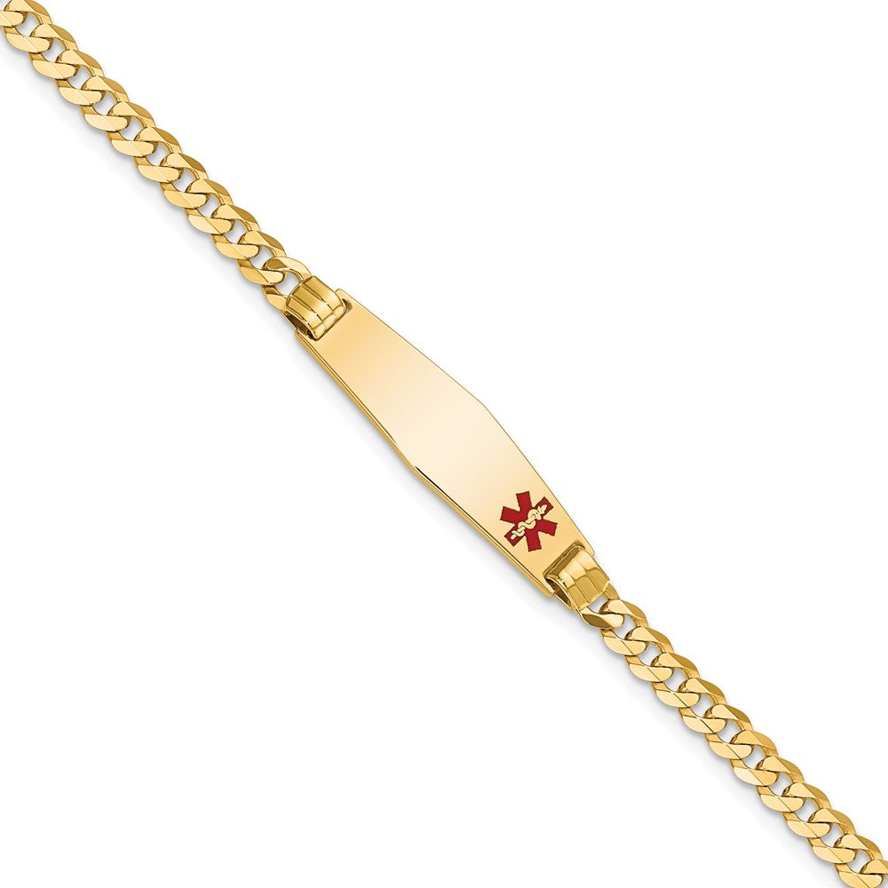 Engravable 14K Yellow Gold Medical Soft Diamond Shape Red Enamel Curb Link ID Bracelet Length 7 inches Width 7.5 mm With Lobster Claw Clasp