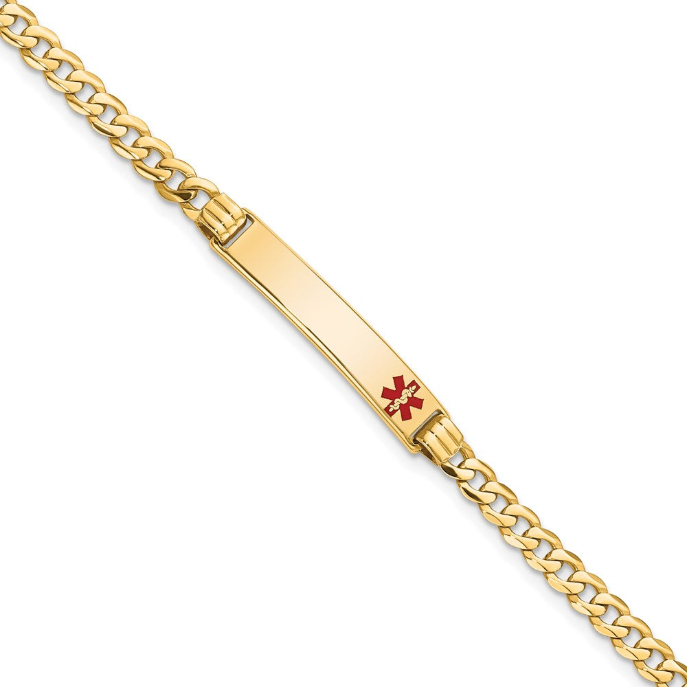 Engravable 14K Yellow Gold Medical Red Enamel Curb Link ID Bracelet Length 8 inches Width 5.5 mm With Lobster Claw Clasp