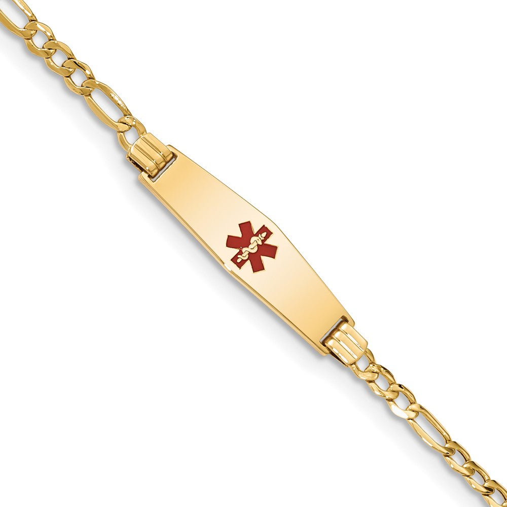 Engravable 14K Yellow Gold Medical Soft Diamond Shape Red Enamel Figaro ID Bracelet Length 7 inches Width 7.5 mm With Lobster Claw Clasp