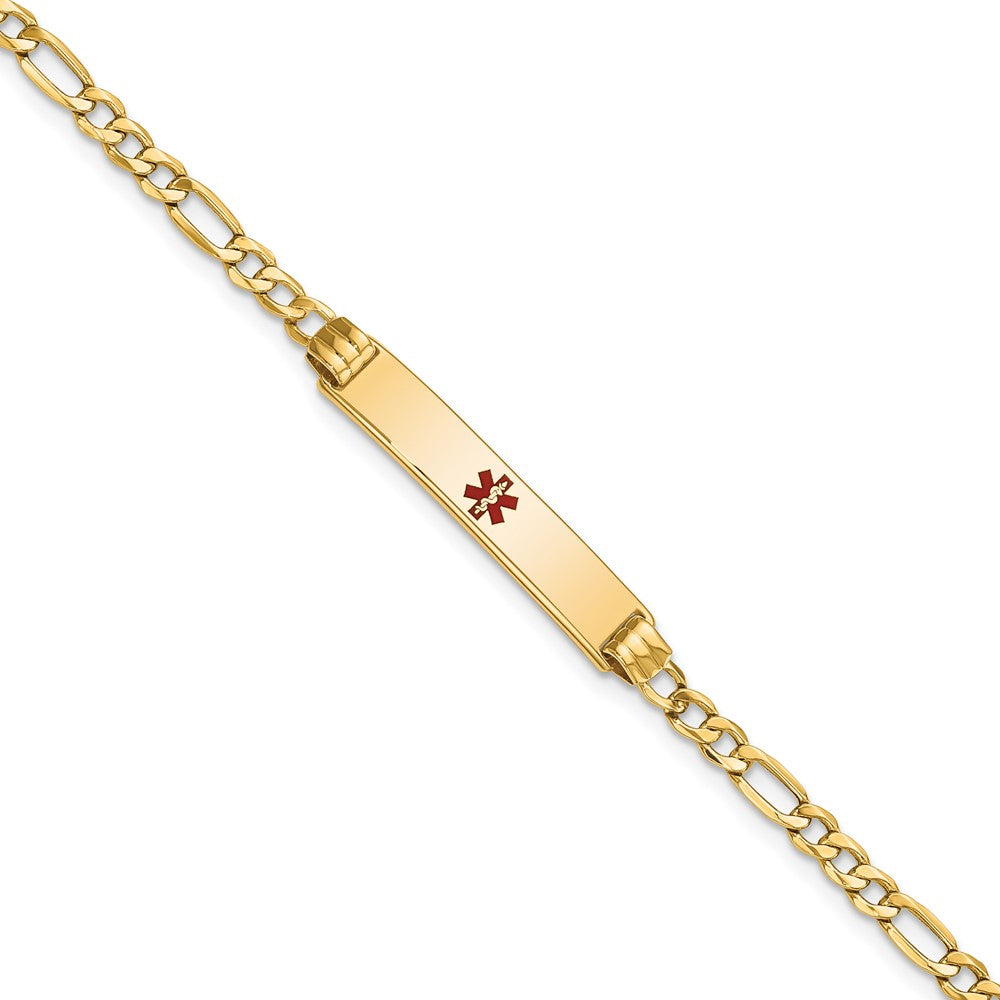 Engravable 14K Yellow Gold Medical Polished Red Enamel Figaro ID Bracelet Length 8 inches Width 5.5 mm With Lobster Claw Clasp