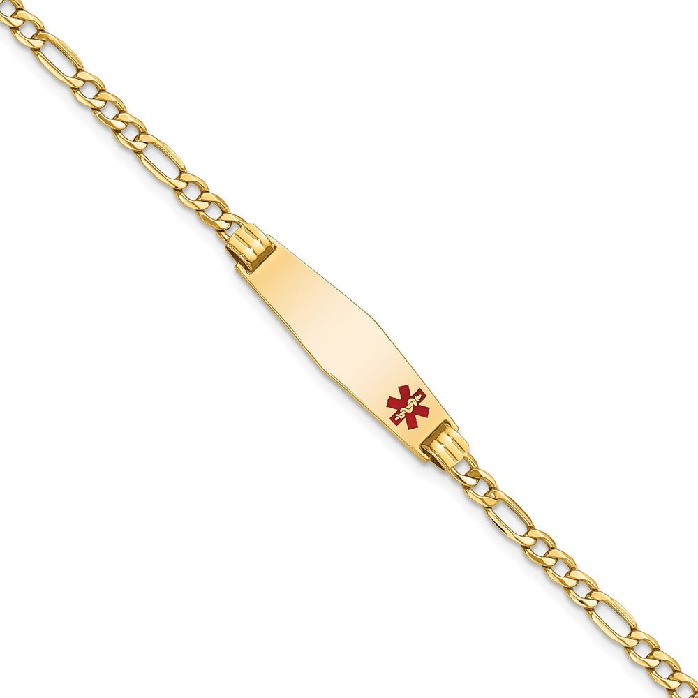 Engravable 14K Yellow Gold Medical Soft Diamond Shape Red Enamel Figaro ID Bracelet Length 7 inches Width 7.5 mm With Lobster Claw Clasp