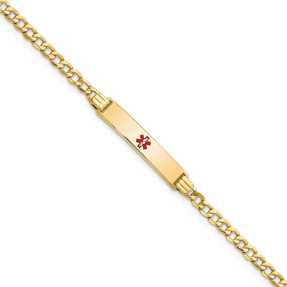 Engravable 14K Yellow Gold Medical Polished Red Enamel Cuban ID Bracelet Length 8 inches Width 5.5 mm With Lobster Claw Clasp