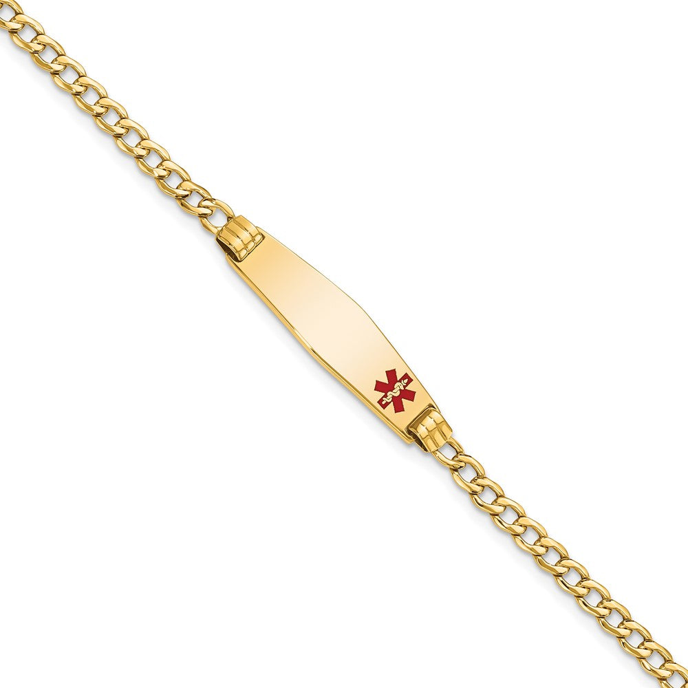 Engravable 14K Yellow Gold Medical Soft Diamond Shape Red Enamel ID Cuban ID Bracelet Length 7 inches Width 7.5 mm With Lobster Claw Clasp