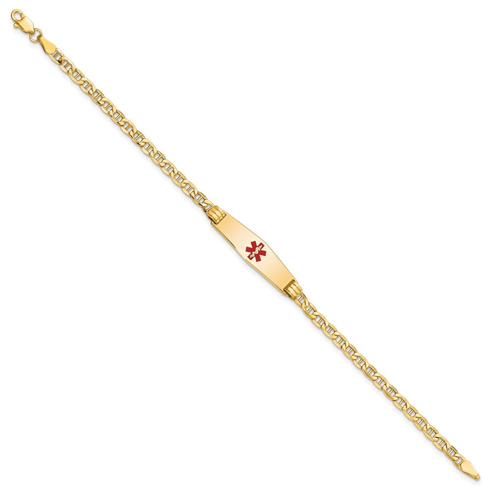 Engravable 14K Yellow Gold Medical Soft Diamond Shape Red Enamel Anchor ID Bracelet Length 8 inches Width 7.5 mm With Lobster Claw Clasp