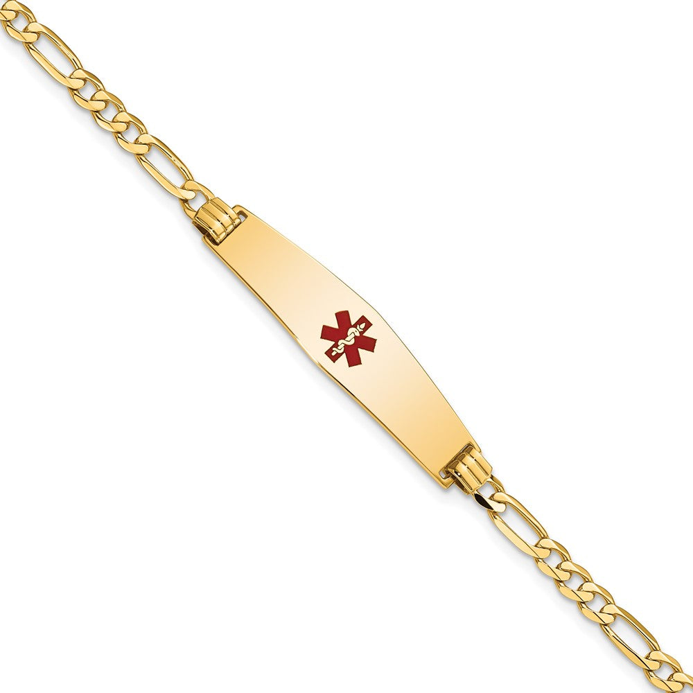 Engravable 14K Yellow Gold Medical Soft Diamond Shape Red Enamel Flat Figaro Link ID Bracelet Length 7 inches Width 8.5 mm With Lobster Claw Clasp