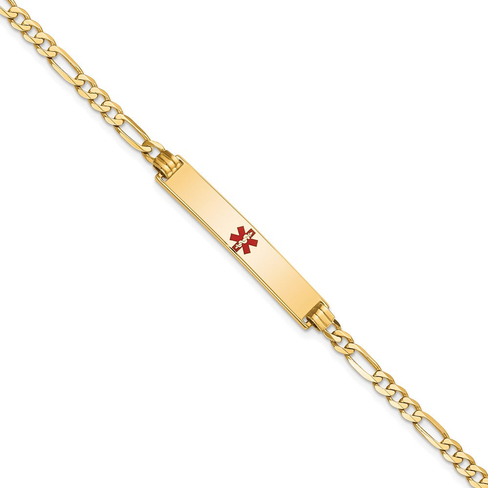 Engravable 14K Yellow Gold Medical Red Enamel Flat Figaro Link ID Bracelet Length 7 inches Width 6.3 mm With Lobster Claw Clasp