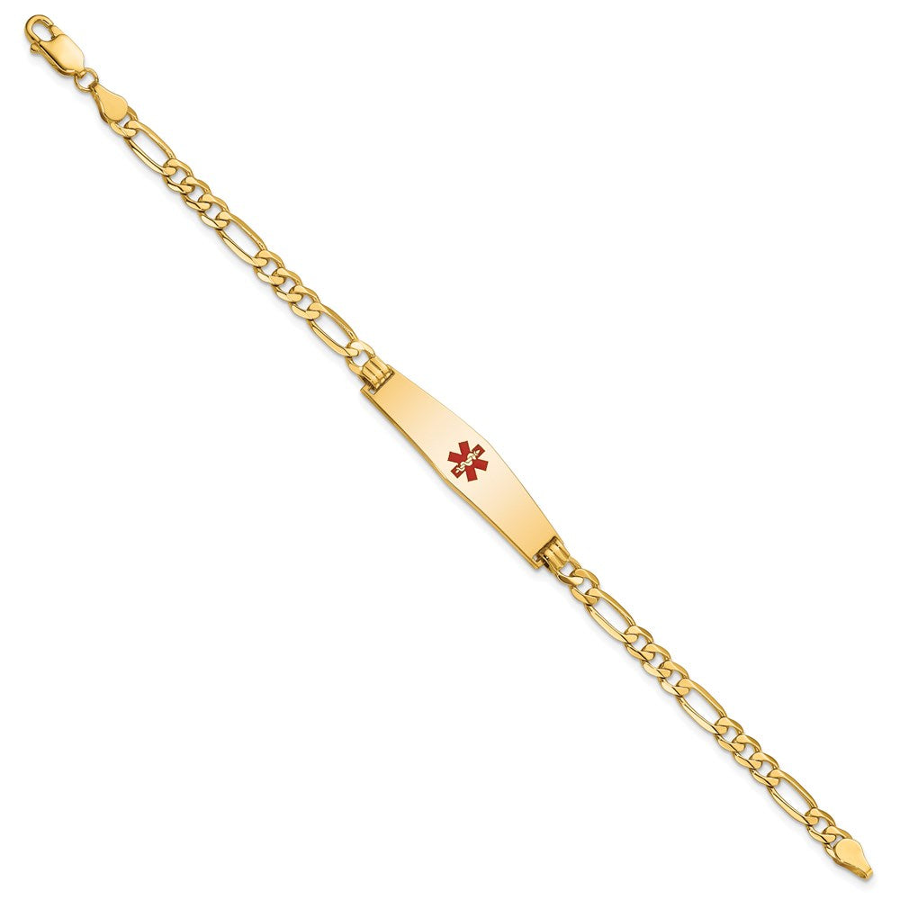 Engravable 14K Yellow Gold Medical Soft Diamond Shape Red Enamel Flat Figaro Link ID Bracelet Length 7 inches Width 8.5 mm With Lobster Claw Clasp