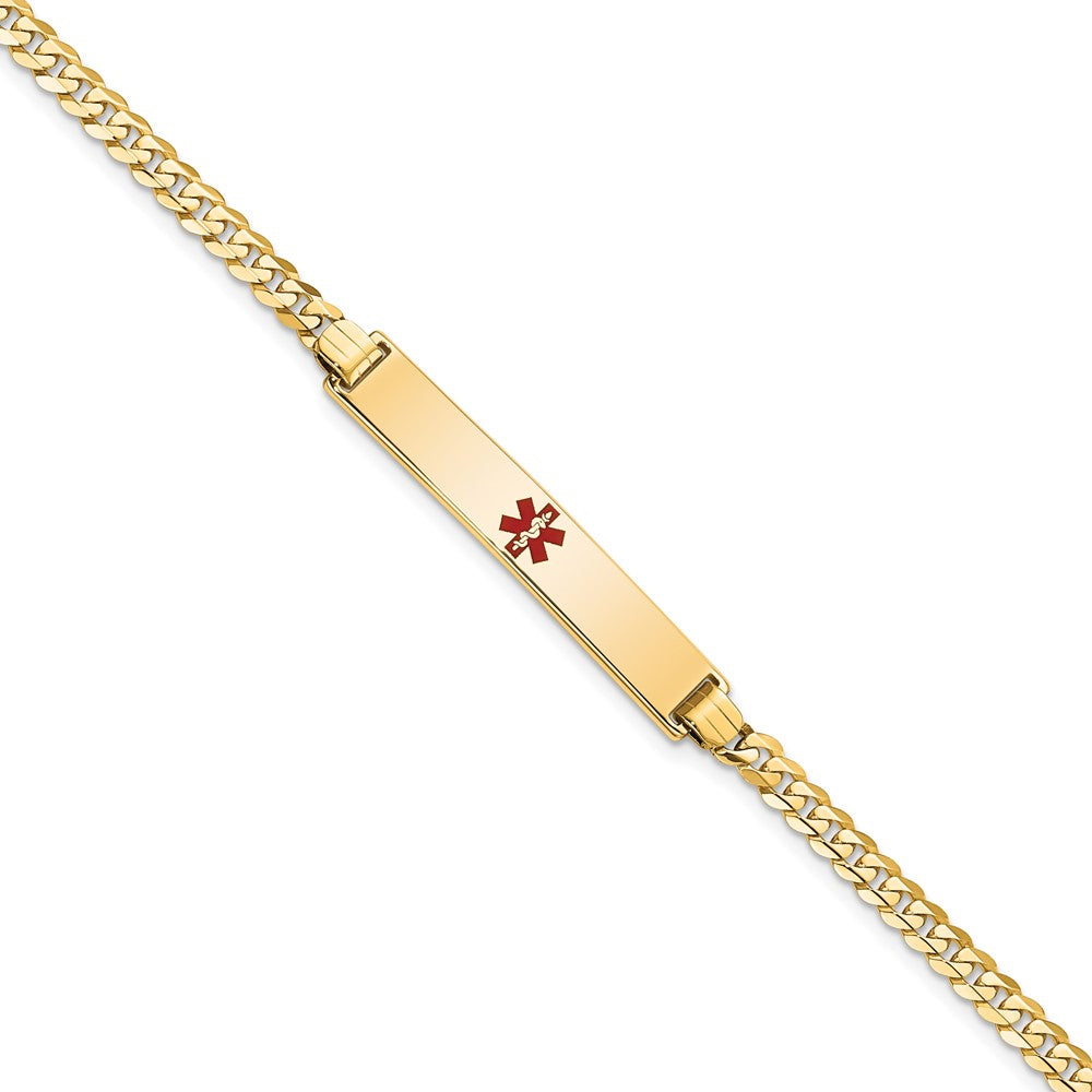 Engravable 14K Yellow Gold Medical Red Enamel Flat Curb Link ID Bracelet Length 8 inches Width 6.5 mm With Lobster Claw Clasp