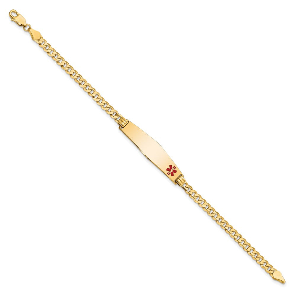 Engravable 14K Yellow Gold Medical Soft Diamond Shape Red Enamel Flat Curb Link ID Bracelet Length 7 inches Width 8.5 mm With Lobster Claw Clasp