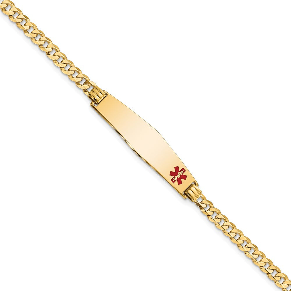 Engravable 14K Yellow Gold Medical Soft Diamond Shape Red Enamel Flat Curb Link ID Bracelet Length 7 inches Width 8.5 mm With Lobster Claw Clasp