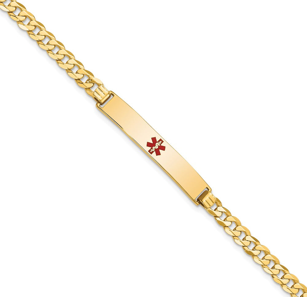 Engravable 14K Yellow Gold Medical Red Enamel Flat Curb Link ID Bracelet Length 8 inches Width 6.5 mm With Lobster Claw Clasp