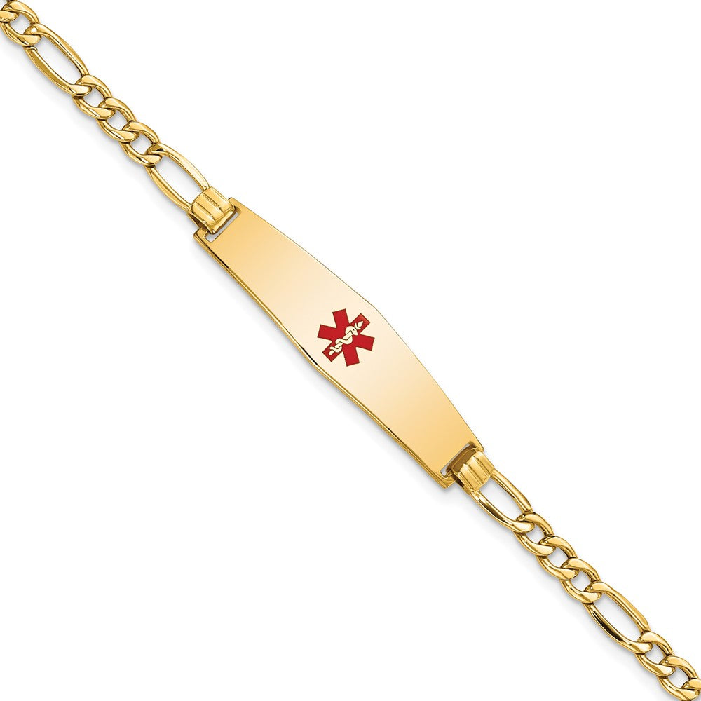 Engravable 14K Yellow Gold Medical Soft Diamond Shape Red Enamel Figaro ID Bracelet Length 7 inches Width 8.5 mm With Lobster Claw Clasp