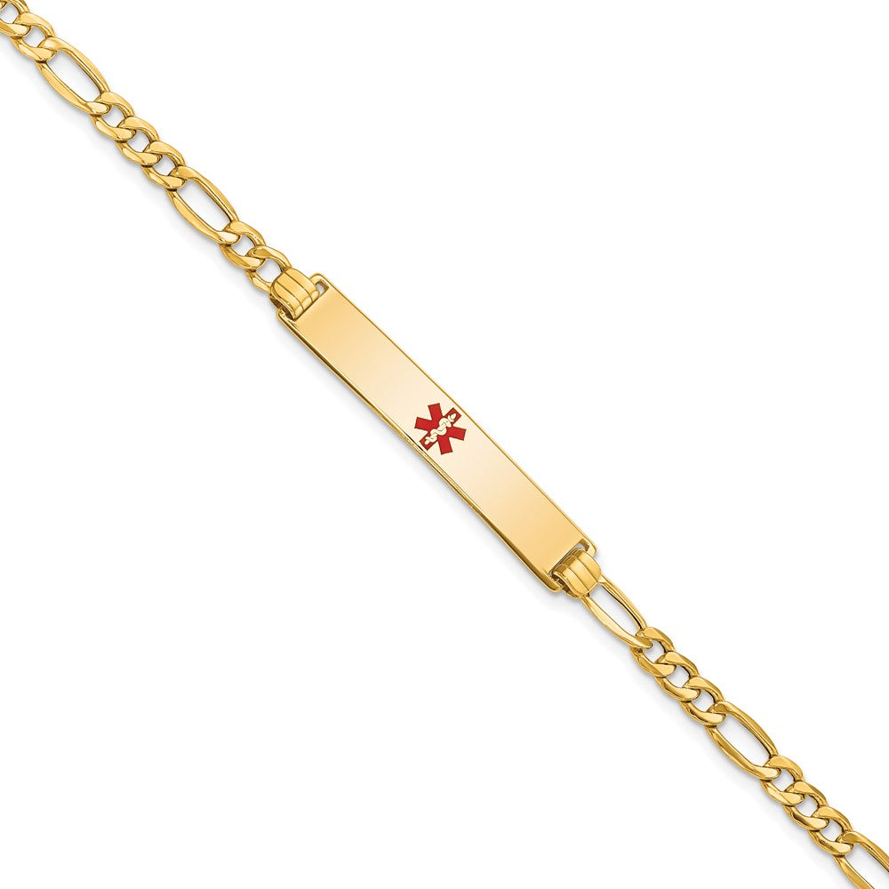 Engravable 14K Yellow Gold Medical Polished Red Enamel Figaro ID Bracelet Length 8 inches Width 6.5 mm With Lobster Claw Clasp