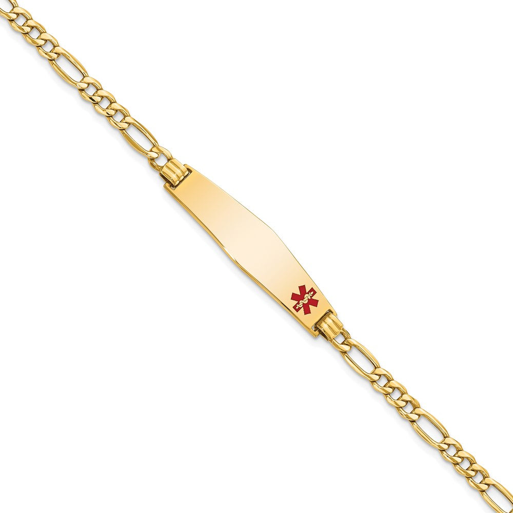 Engravable 14K Yellow Gold Medical Soft Diamond Shape Red Enamel Figaro ID Bracelet Length 8 inches Width 8.5 mm With Lobster Claw Clasp