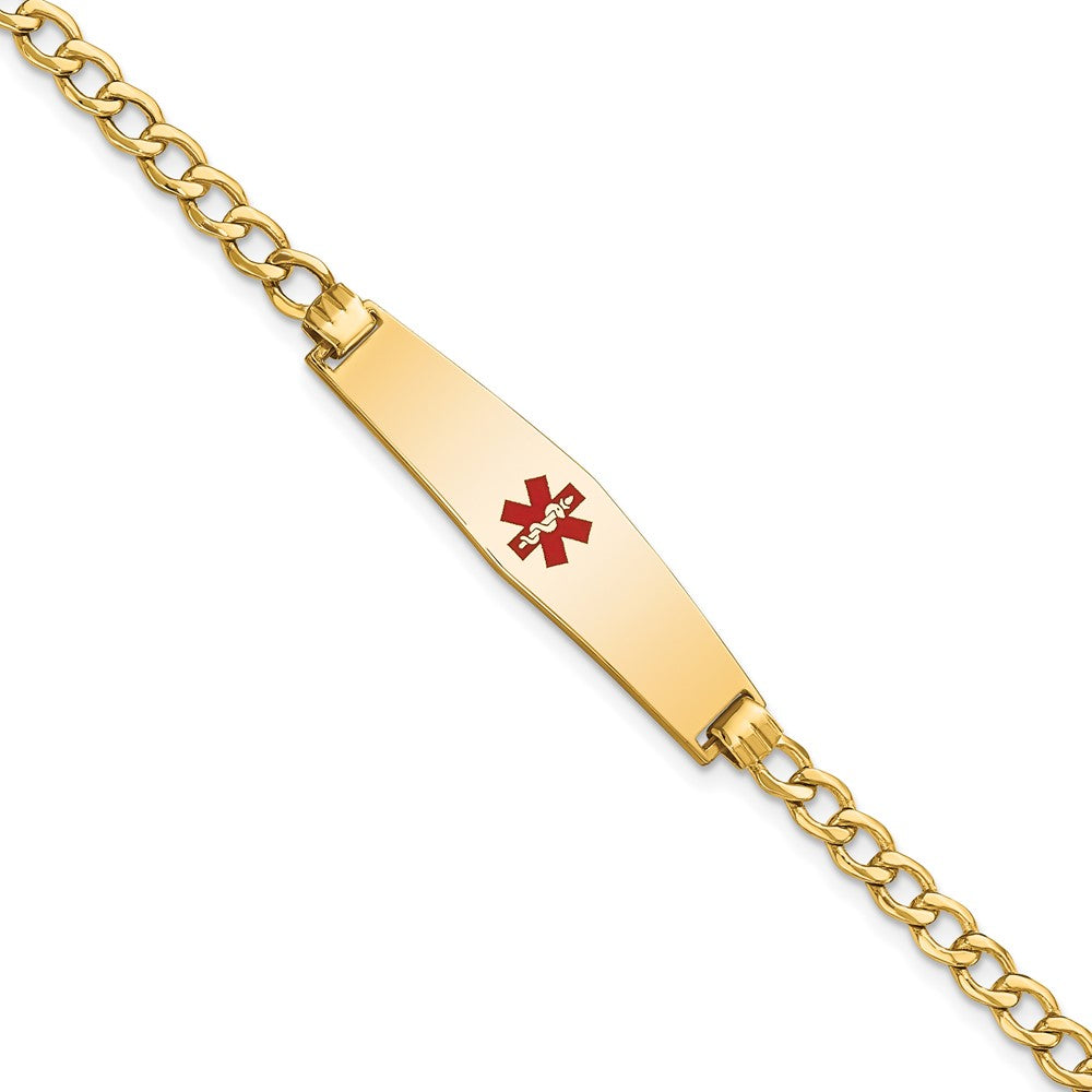 Engravable 14K Yellow Gold Medical Soft Diamond Shape Red Enamel Curb Link ID Bracelet Length 8 inches Width 8.5 mm With Lobster Claw Clasp