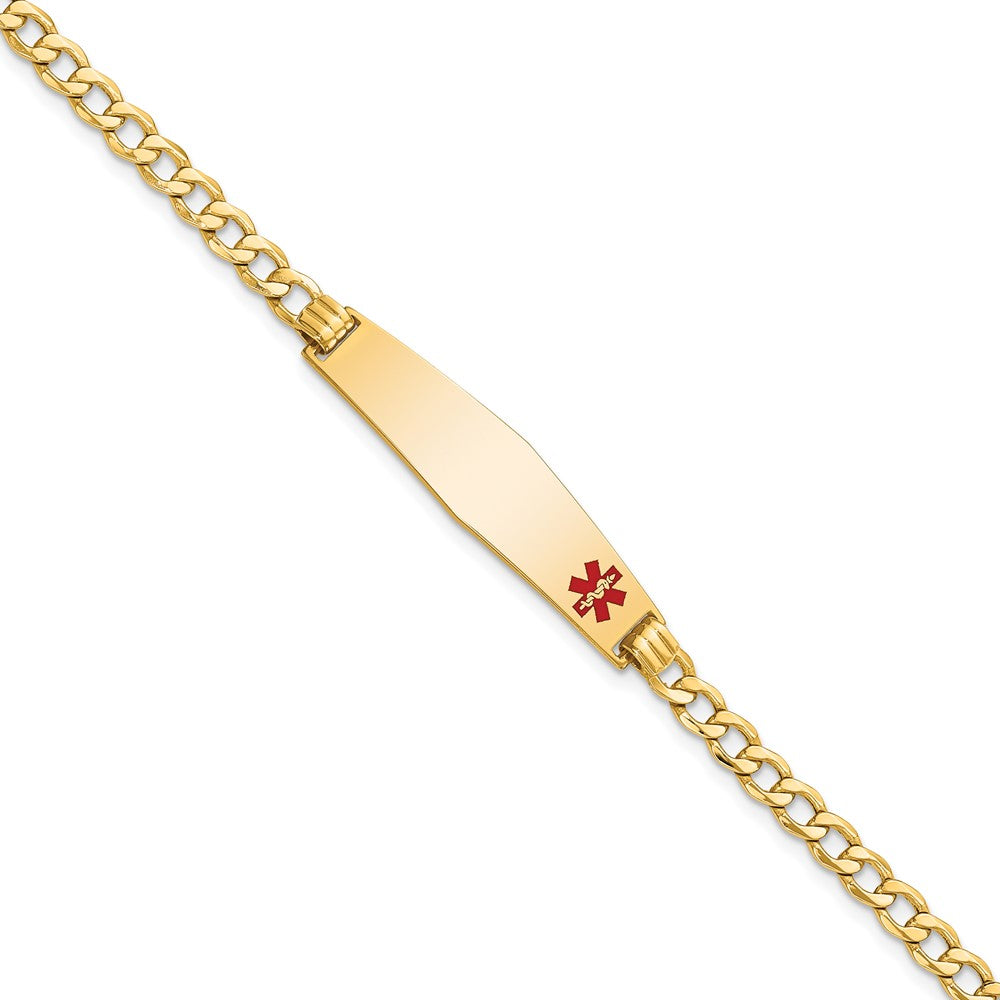 Engravable 14K Yellow Gold Medical Soft Diamond Shape Red Enamel Curb Link ID Bracelet Length 7 inches Width 8.5 mm With Lobster Claw Clasp