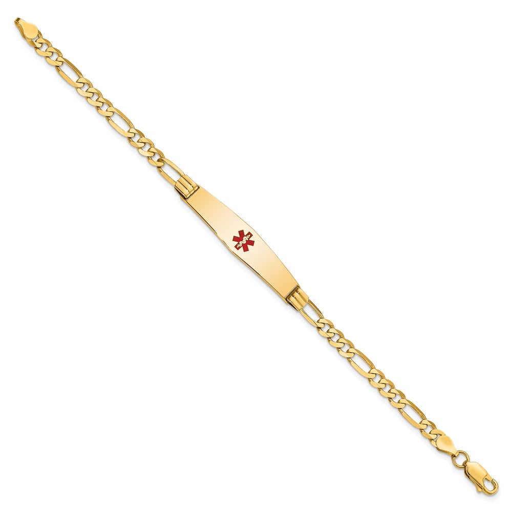 Engravable 14K Yellow Gold Medical Soft Diamond Shape Red Enamel Figaro ID Bracelet Length 7 inches Width 9 mm With Lobster Claw Clasp