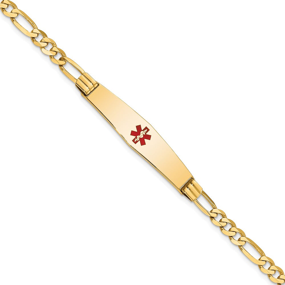 Engravable 14K Yellow Gold Medical Soft Diamond Shape Red Enamel Figaro ID Bracelet Length 7 inches Width 9 mm With Lobster Claw Clasp