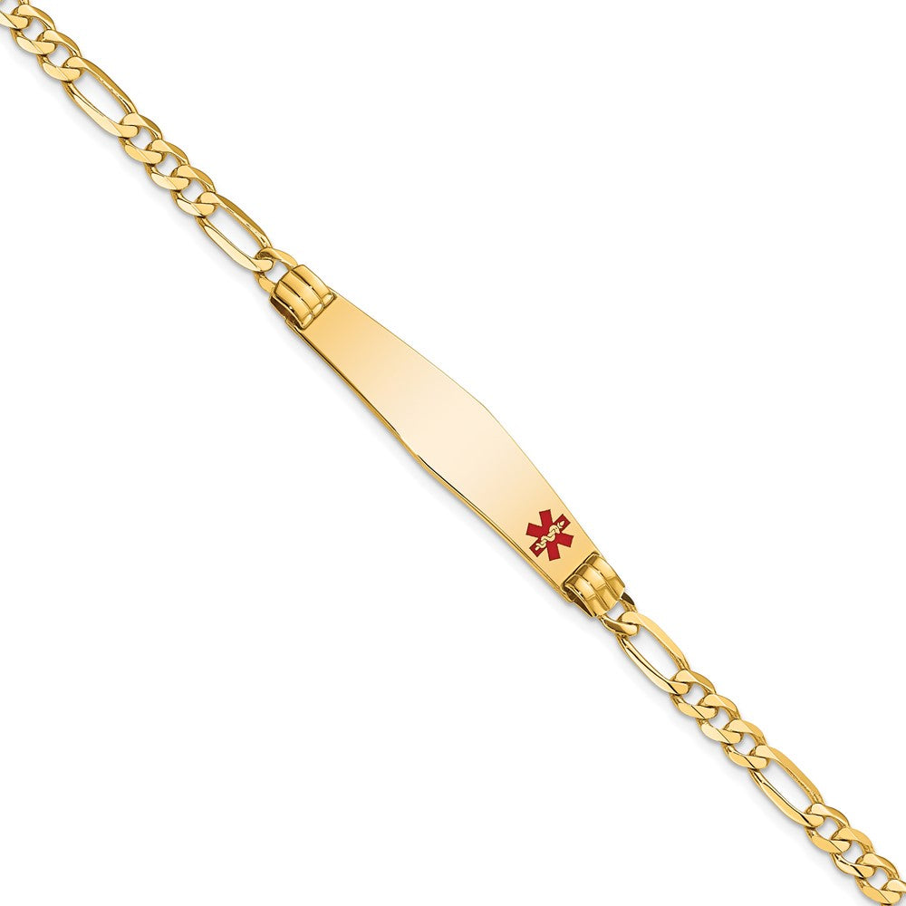 Engravable 14K Yellow Gold Medical Soft Diamond Shape Red Enamel Figaro ID Bracelet Length 7 inches Width 9 mm With Lobster Claw Clasp
