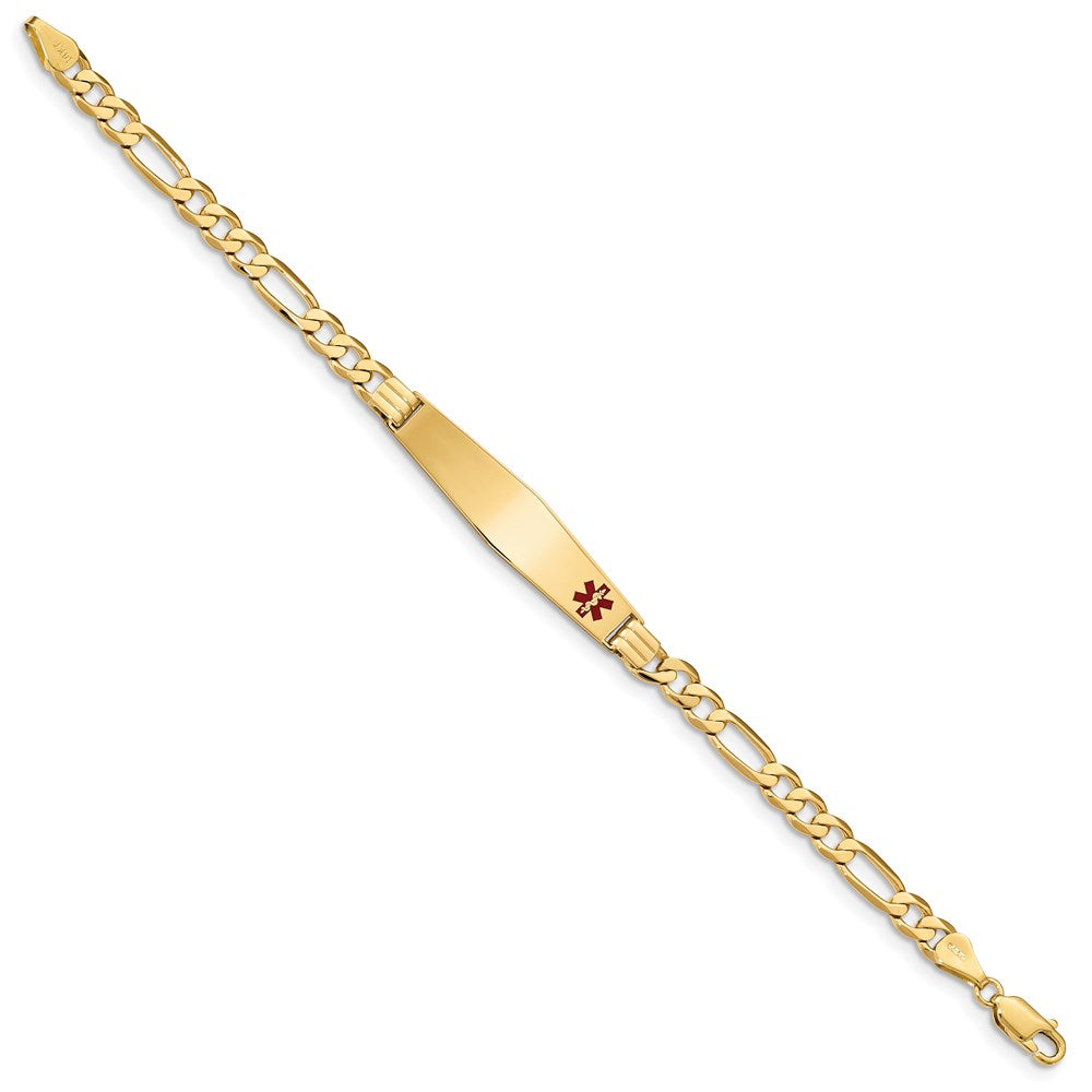 Engravable 14K Yellow Gold Medical Soft Diamond Shape Red Enamel Flat Figaro Link ID Bracelet Length 8 inches Width 9 mm With Lobster Claw Clasp