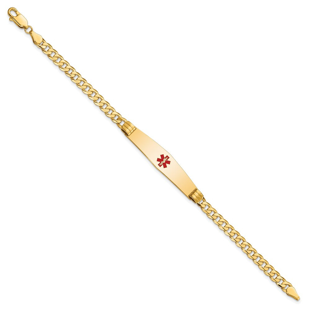 Engravable 14K Yellow Gold Medical Soft Diamond Shape Red Enamel Curb Link ID Bracelet Length 8 inches Width 9 mm With Lobster Claw Clasp