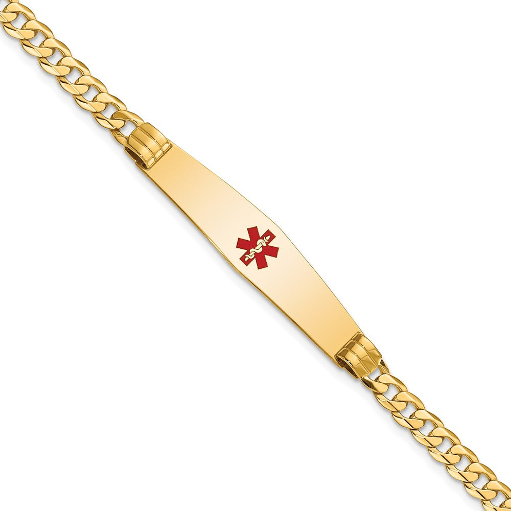 Engravable 14K Yellow Gold Medical Soft Diamond Shape Red Enamel Curb Link ID Bracelet Length 8 inches Width 9 mm With Lobster Claw Clasp