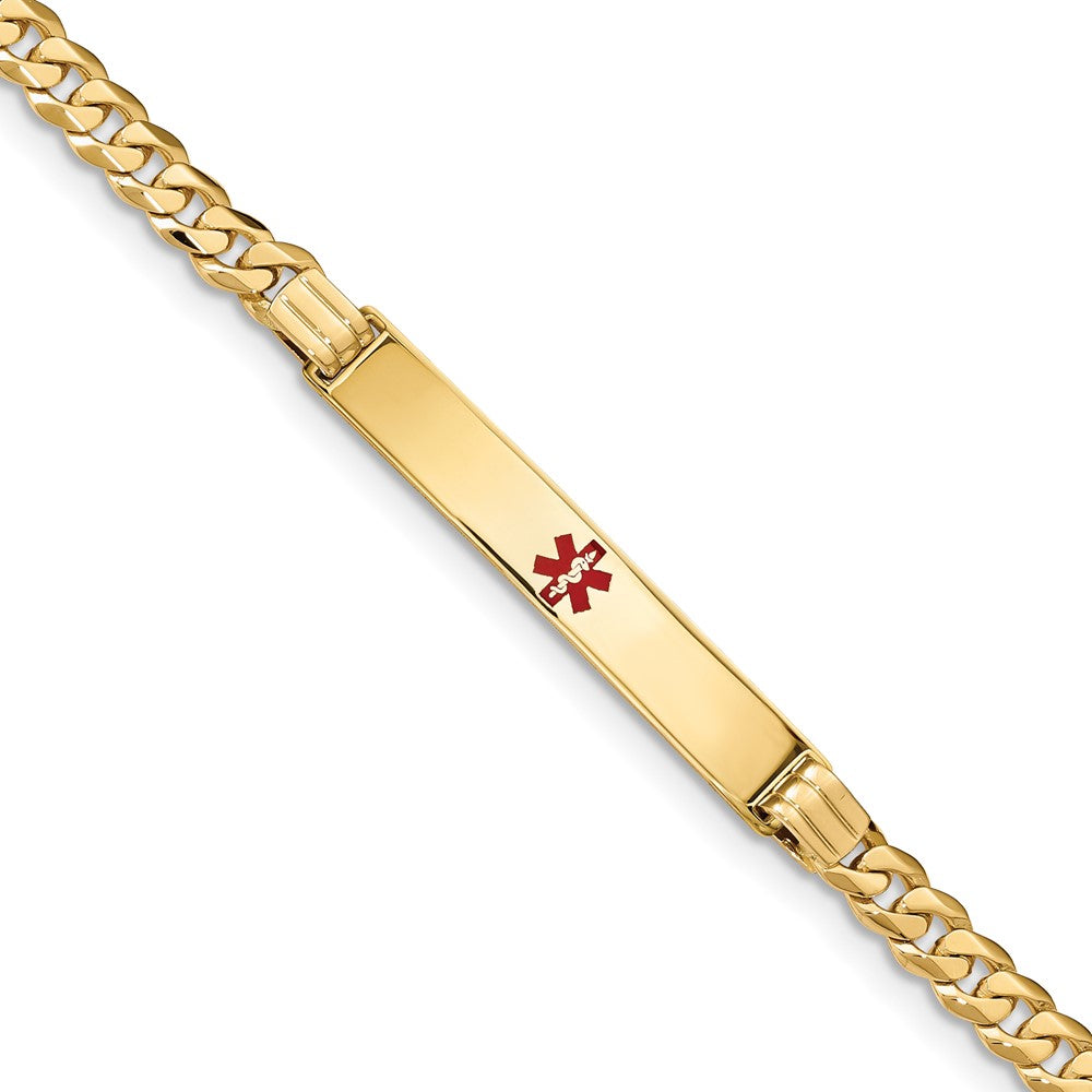Engravable 14K Yellow Gold Medical Red Enamel Curb Link ID Bracelet Length 7 inches Width 6.5 mm With Lobster Claw Clasp