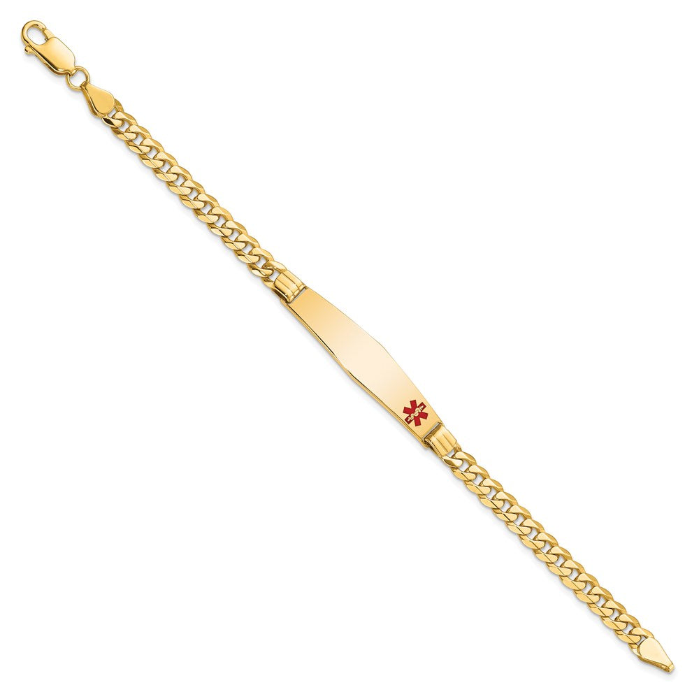 Engravable 14K Yellow Gold Medical Soft Diamond Shape Red Enamel Curb Link ID Bracelet Length 8 inches Width 9 mm With Lobster Claw Clasp
