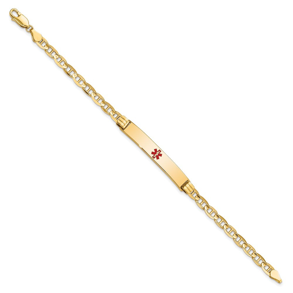 Engravable 14K Yellow Gold Medical Red Enamel Anchor Link ID Bracelet Length 7 inches Width 6.5 mm With Lobster Claw Clasp