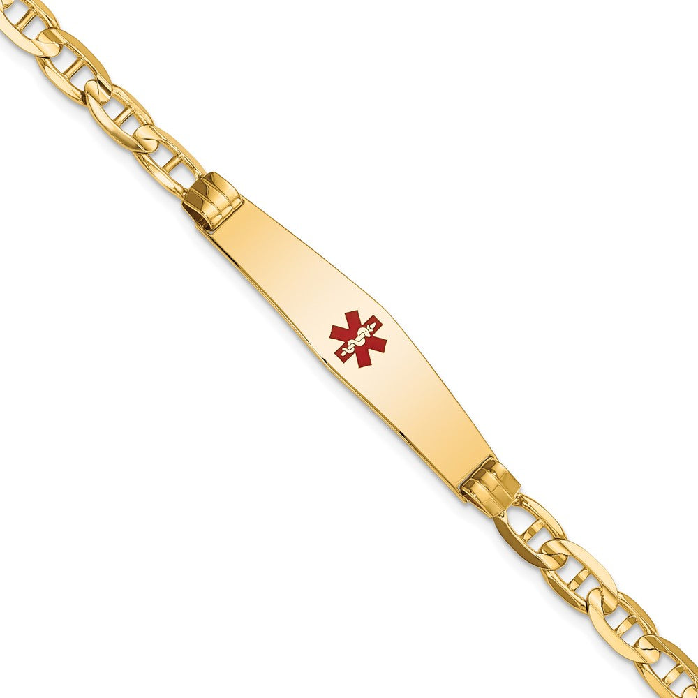 Engravable 14K Yellow Gold Medical Soft Diamond Shape Red Enamel Anchor ID Bracelet Length 8 inches Width 9 mm With Lobster Claw Clasp