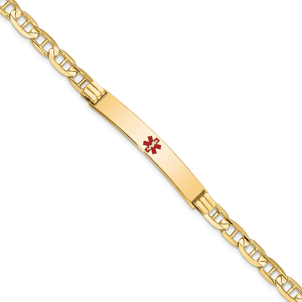 Engravable 14K Yellow Gold Medical Red Enamel Anchor ID Bracelet Length 7 inches Width 6.5 mm With Lobster Claw Clasp